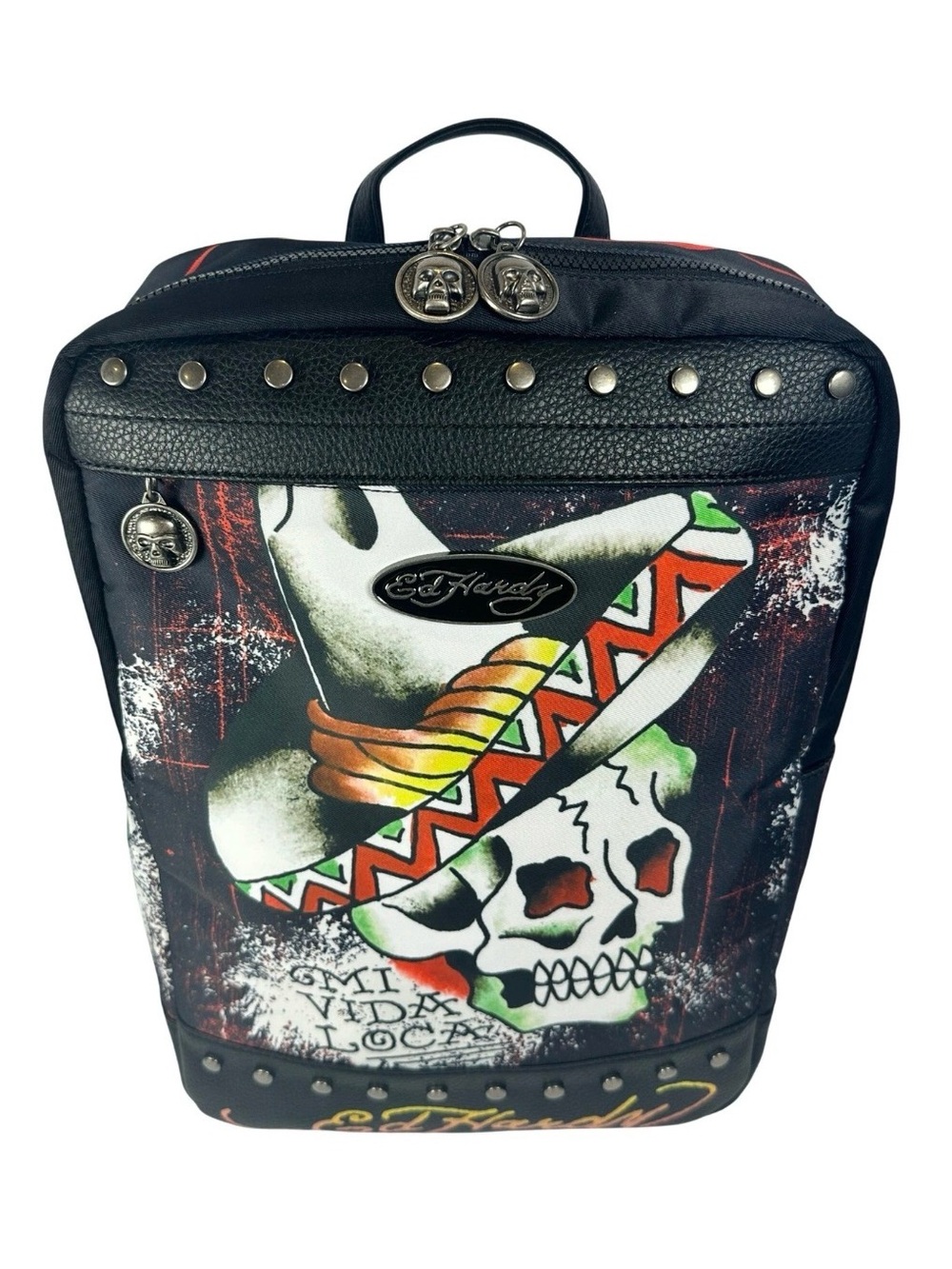 Ed Hardy 16”x12” Mi Vida Loca Backpack Bag Studded Skull Tattoo Art Black Y2K